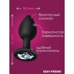 Силиконовая анальная пробка Sexy Friend чёрная с прозрачным кристаллом - 7,3 см